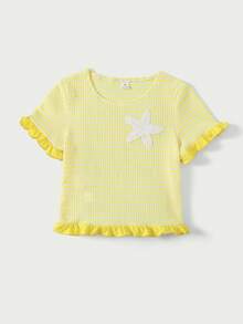 SHEIN Casuvi Kids 两件套少女T恤套装，可爱欧式设计，黑白条纹针织经典元素，蝴蝶结装饰，荷叶边下摆，圆领短袖上衣搭配宽松短裤，适合日常外出、派对、夏季户外活动。Zoey Outfit 少女服装，少女套装，夏季沙滩装，少女夏季服装。 - 黃色 - 查看 9