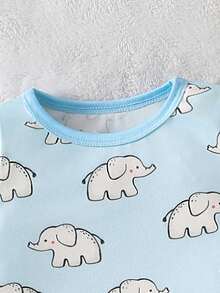 SHEIN GraphicGems 2-Piece Baby Boys Toddler Pajamas Set,Cute Blue Summer Family Matching Cartoon Animal Print Short Sleeve Top&Long Pants Snug Fit Sleepwear - Baby Blue - View 6
