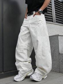 Manfinity EMRG Quần jeans trắng ống rộng, rách nhẹ, dáng suông, phong cách đường phố thường ngày dành cho nam giới. - trắng - Xem 6