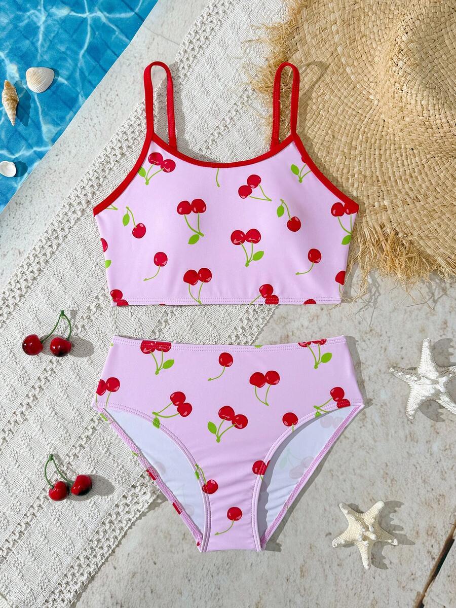 SHEIN Áo hai dây bikini kiểu dáng giản dị in hình hoa anh đào dành cho bé gái tuổi teen, thích hợp cho bãi biển, hồ bơi, tiệc tùng. - Màu Hồng baby - Xem 1