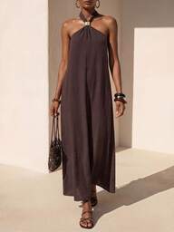 Zivah Dark Brown Summer Casual Vacation Holiday Sleeveless Halter Ruched Metal Decor Linen Maxi Dress,Women's Boho Streetwear Wedding Guest Party Outfit