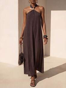 Zivah 春夏新款音乐节、复活节、圣帕特里克节、情人节、约会、西部风、游牧风、生日派对、毕业典礼、学院风、学生装、日常穿着、百搭基础款、休闲装、度假、邮轮旅行、海滩、日光浴、爆款、街头风、婚礼宾客波西米亚风、通勤、早午餐、机场、派对、假日郊游、办公室穿着无袖露背褶皱设计金属装饰亚麻棕色长裙 - 棕色 - 查看 2