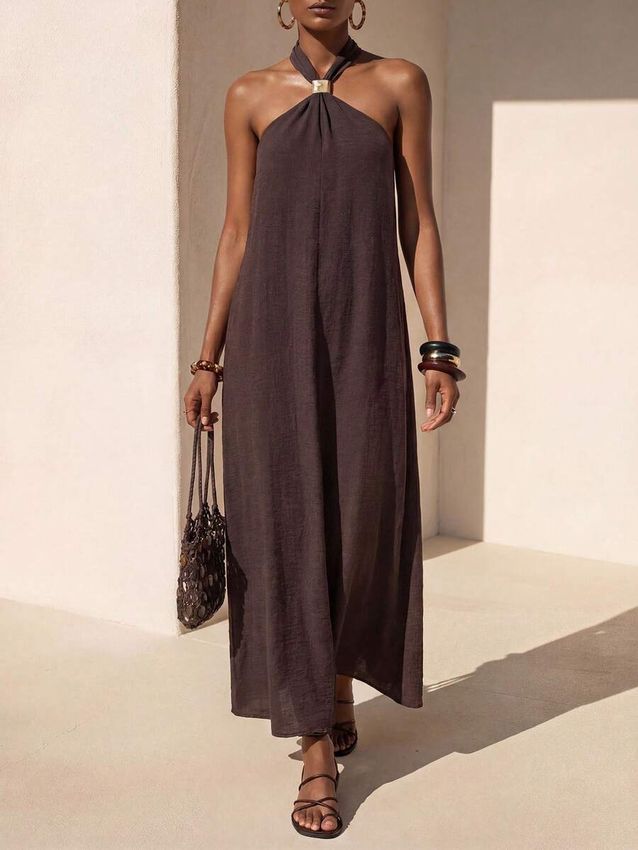 Zivah 春夏新款音乐节、复活节、圣帕特里克节、情人节、约会、西部风、游牧风、生日派对、毕业典礼、学院风、学生装、日常穿着、百搭基础款、休闲装、度假、邮轮旅行、海滩、日光浴、爆款、街头风、婚礼宾客波西米亚风、通勤、早午餐、机场、派对、假日郊游、办公室穿着无袖露背褶皱设计金属装饰亚麻棕色长裙