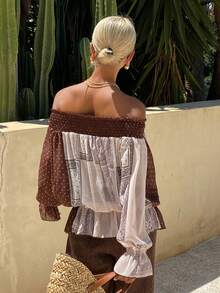 Livesso Women's Polka Dot Print Off-Shoulder Contrast Color Casual Long Sleeve Shirt Boho Vacation Outfits Women - Coffee Brown - View 2