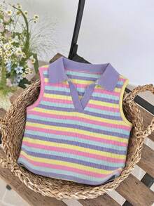 LMoss Kids Áo vest cổ bẻ dệt kim kẻ sọc cho bé gái - Màu tím - Xem 7