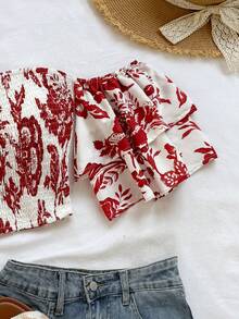 Soleia 春夏新款度假風女款荷葉邊碎花印花抹胸上衣 紅白配色鬆緊抓皺平口夏裝 - 紅白色 - 查看 5