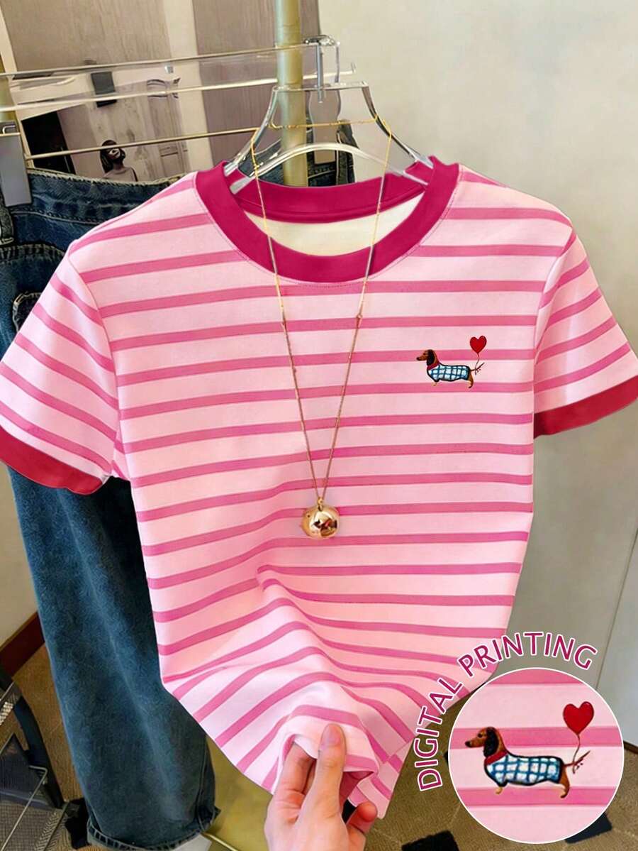 女士加大码短袖上衣 / 数码条纹印花 / 卡通小狗图案 / 可爱甜美风格 / 休闲百搭圆领短袖上衣 / 女士宽松休闲加大码T恤 / 春夏款 - 彩色 - 查看 1