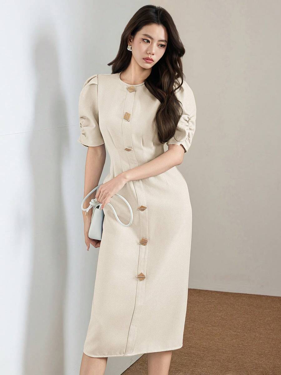 Heiryn New Arrival Waist Ruched Puff Sleeve Metal Button Decor Commuter Versatile Dress