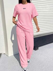 Muchica Light Pink Textured Casual Loose T-Shirt And Pants Set For Women - Baby Pink - View 5