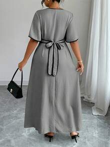 Elenzga Plus Size Women V-Neck Ruffle Trim Short Sleeve Elegant Button Design Dress - Grey - View 2