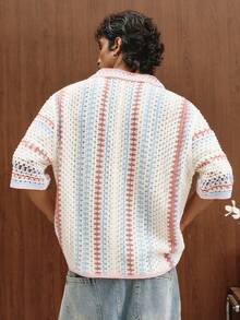 TOKVUE Men's Contrast Stripe Drop Shoulder Short Sleeve Button Front Casual Hollow Out Knit Top - Multicolor - View 2