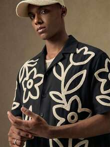 AKNOTIC 男士浅绿色牛油果绿刺绣花卉休闲宽松短袖衬衫，适合年轻人日常穿着、外出、旅行，也是送给男友或老师的礼物。 - 黑色 - 查看 2