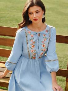 Vintamour 复古优雅女士连衣裙，带口袋，花卉刺绣缎带蕾丝，休闲连衣裙，适合度假、夏季穿着，夏季度假装扮，春季女装，春季连衣裙，春季服装，春假装扮，春季女装，优雅派对连衣裙，优雅派对连衣裙，婚礼宾客连衣裙，婚礼派对连衣裙，毕业礼服，优雅典礼连衣裙，优雅女士连衣裙，正式礼服 - 淺藍色 - 查看 1