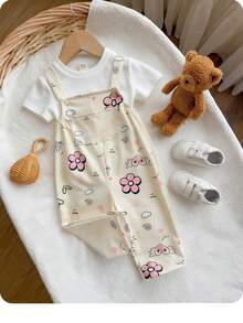 SHEIN Newborn Baby Girl Cute Floral Pattern Bib Jumpsuit, Suitable For Autumn/Winter - Multicolor - View 1