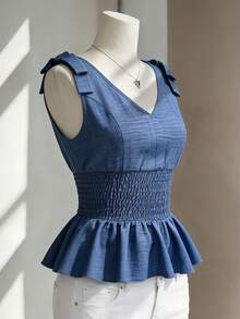 Endroma Women's Fashionable Elegant Shirred Cinched Waist Camisole - Dusty Blue - View 3