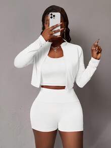 Slaydiva Bộ 3 món dành cho nữ, gồm áo thun dài tay ôm sát cổ cao, khóa kéo nửa thân, áo croptop không tay và quần short thể thao, thích hợp cho mùa hè. - trắng - Xem 5