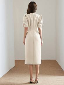 Heiryn New Arrival Waist Ruched Puff Sleeve Metal Button Decor Commuter Versatile Dress - Apricot - View 5