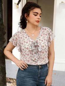 SHEIN Frenchy 大码女式夏季休闲碎花系带袖衬衫 - 彩色 - 查看 3