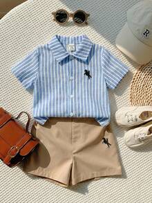 2pcs Baby Boy Horse Pattern Lapel Short Sleeve Cardigan And Elastic Waist Shorts Set - Multicolor - View 8