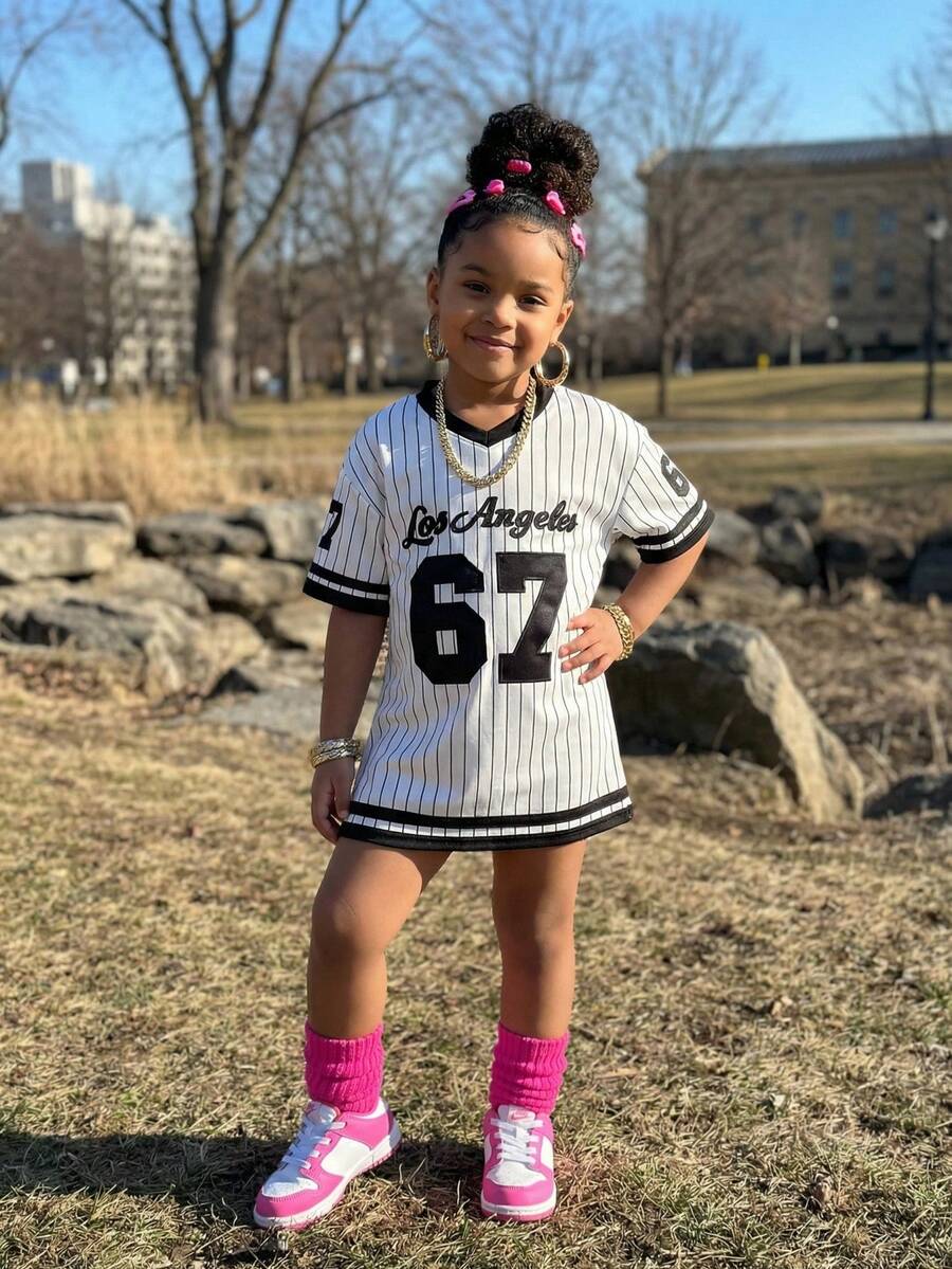 SHEIN Đầm ngắn tay kẻ sọc và in họa tiết thường ngày cho bé gái - Đen và trắng - Xem 1