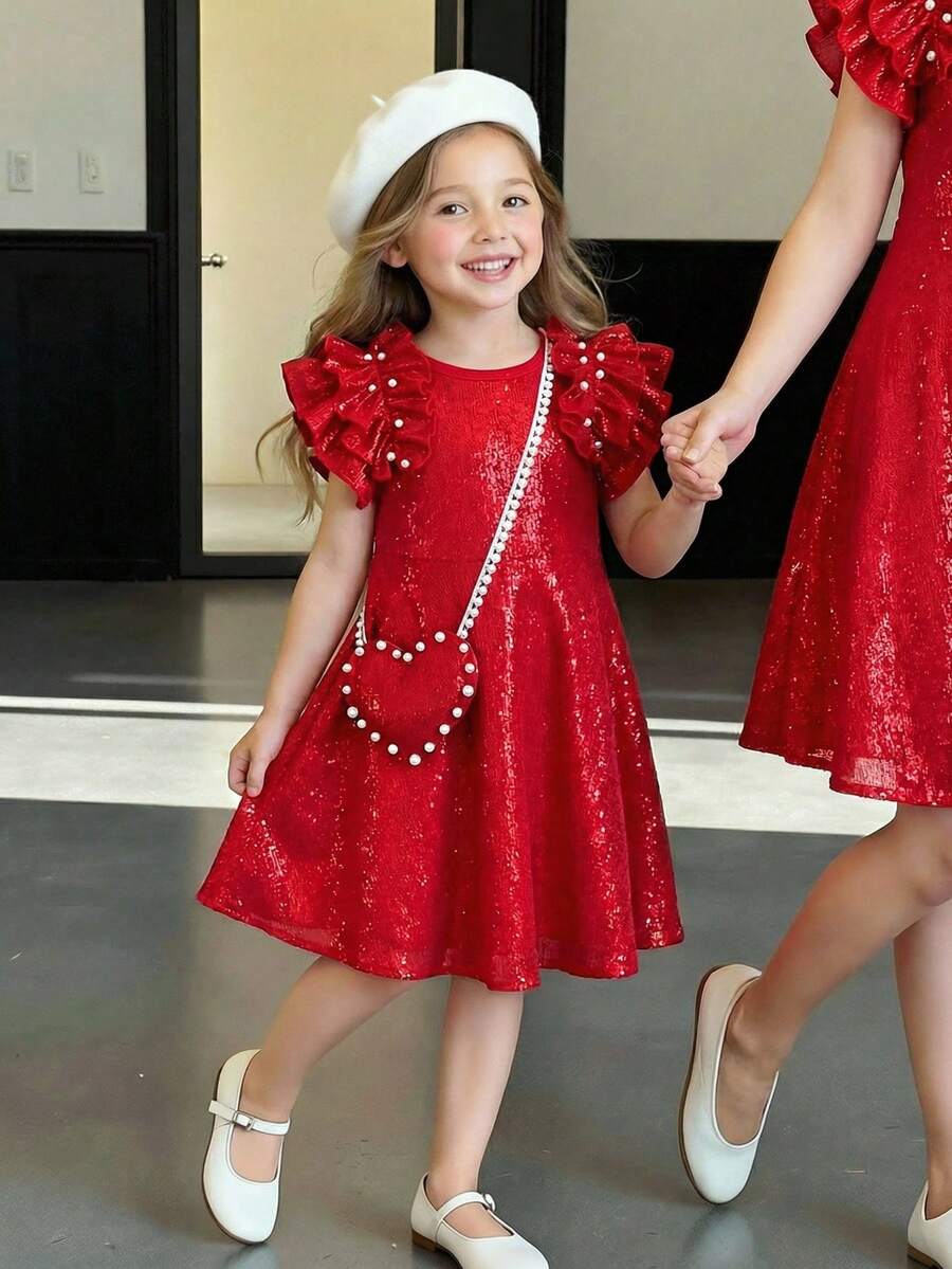Elladie kids 1件女童春夏优雅甜美光泽质感珍珠装饰短袖A字连衣裙+珍珠斜挎包,适合节日派对和表演 - 紅色 - 查看 1