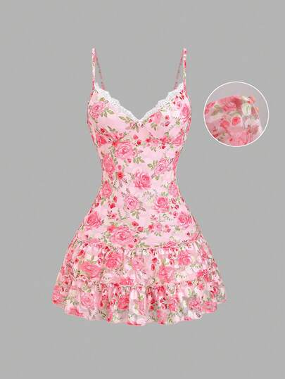 SHEIN Sweetro 夏季度假网纱印花吊带裙，甜美蕾丝拼接，适合约会、休闲、度假及各种场合