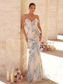 Glamrae Đầm maxi dáng đuôi cá, thanh lịch, mềm mại, nhiều màu xanh dương, chất liệu chiffon, họa tiết hoa, dây mảnh, xếp tầng, thích hợp cho các buổi hẹn hò, kỳ nghỉ, tiệc độc thân, đám cưới, đi biển, lễ tốt nghiệp, hoặc làm đầm dạ hội cho nữ. - Nhiều màu - Xem 4