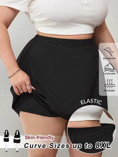 SHEIN CURVE+ 大码女式纯色基础款黑色A字休闲短裙，春夏款，吸湿速干四向弹力高弹面料裙裤