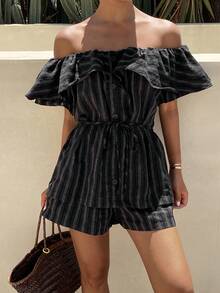 Livesso Conjunto de 2 piezas con hombros descubiertos, cintura ceñida y rayas, adecuado para vacaciones de primavera/verano y uso informal para mujeres - Negro - Ver 3