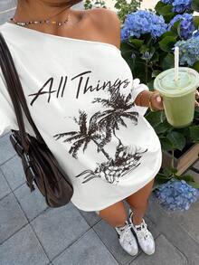 Muchica 新款热带印花休闲宽松单肩女式T恤 - 白色 - 查看 6