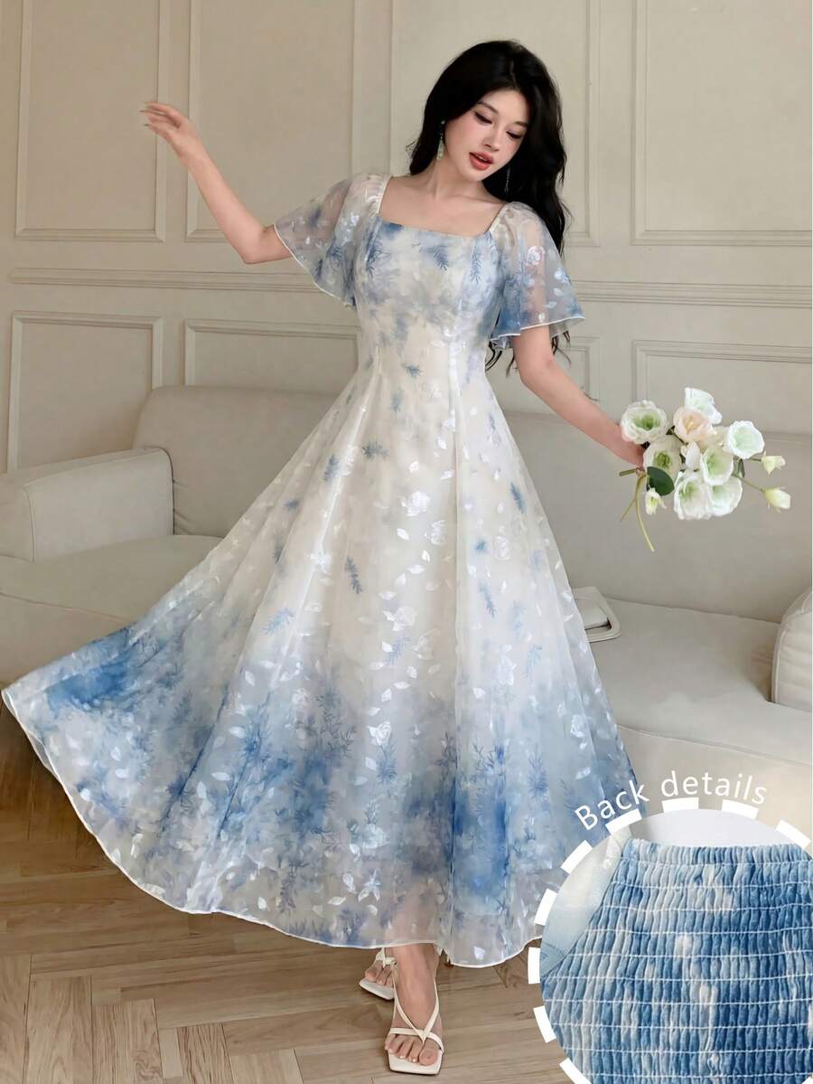 Modelyn 春夏时尚优雅方领短袖显腰印花喇叭连衣裙 - 彩色 - 查看 1