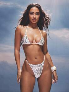 KIZN Top de bikini de estilo triángulo con detalles de botones y lazos, estampado de lunares, para playa de verano - Blanco - Ver 2