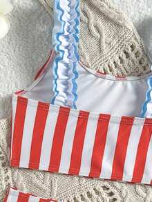 Souflis Souflis 2pcs/Set Young Girl' Red Simple Striped Comfortable Knit Ruffle Swimwear,Bikini Sets For Summer,Beach,Family Vacation,Independence Day Bathing Suit - Multicolor - View 4