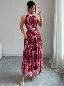Elenzga Women Elastic Mesh Abstract Print Halter Backless Sleeveless Ruched A-Line Maxi Dress,Dusty Pink,Summer,Elegant,Vacation,Chestnut Color,Retro Casual - Maroon - View 6
