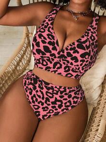 Slaydiva Plus Size Women's 2pcs Leopard Print V-Neck High Waist Triangle Bikini Swimwear Vacation Summer - Multicolor - View 1