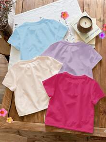 4pcs/Set Baby Girl Casual Summer School T-Shirt,Brown And White Polka Dot Mama's Girl Leopard Print Heart & Letter Round Neck Short Sleeve Tee Tops - Multicolor - View 2