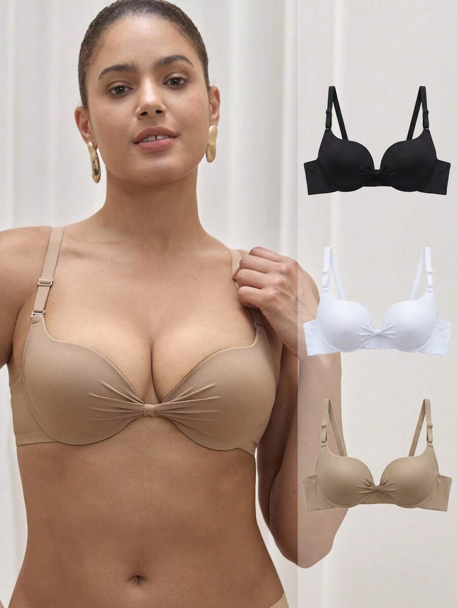 3pcs Seamless Padded Underwire Full Coverage Bras, Solid Black/White - Multicolor - View 1