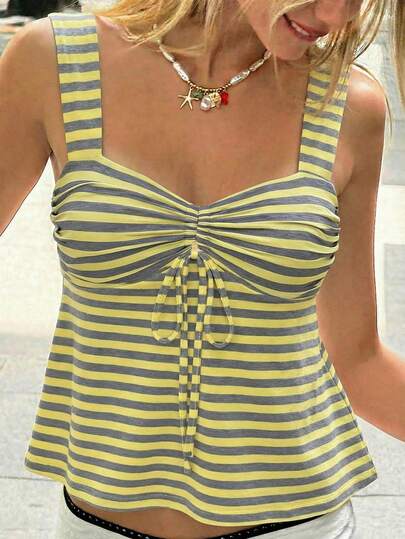 SHEIN 撞色条纹印花浪漫优雅休闲女式抽绳吊带衫