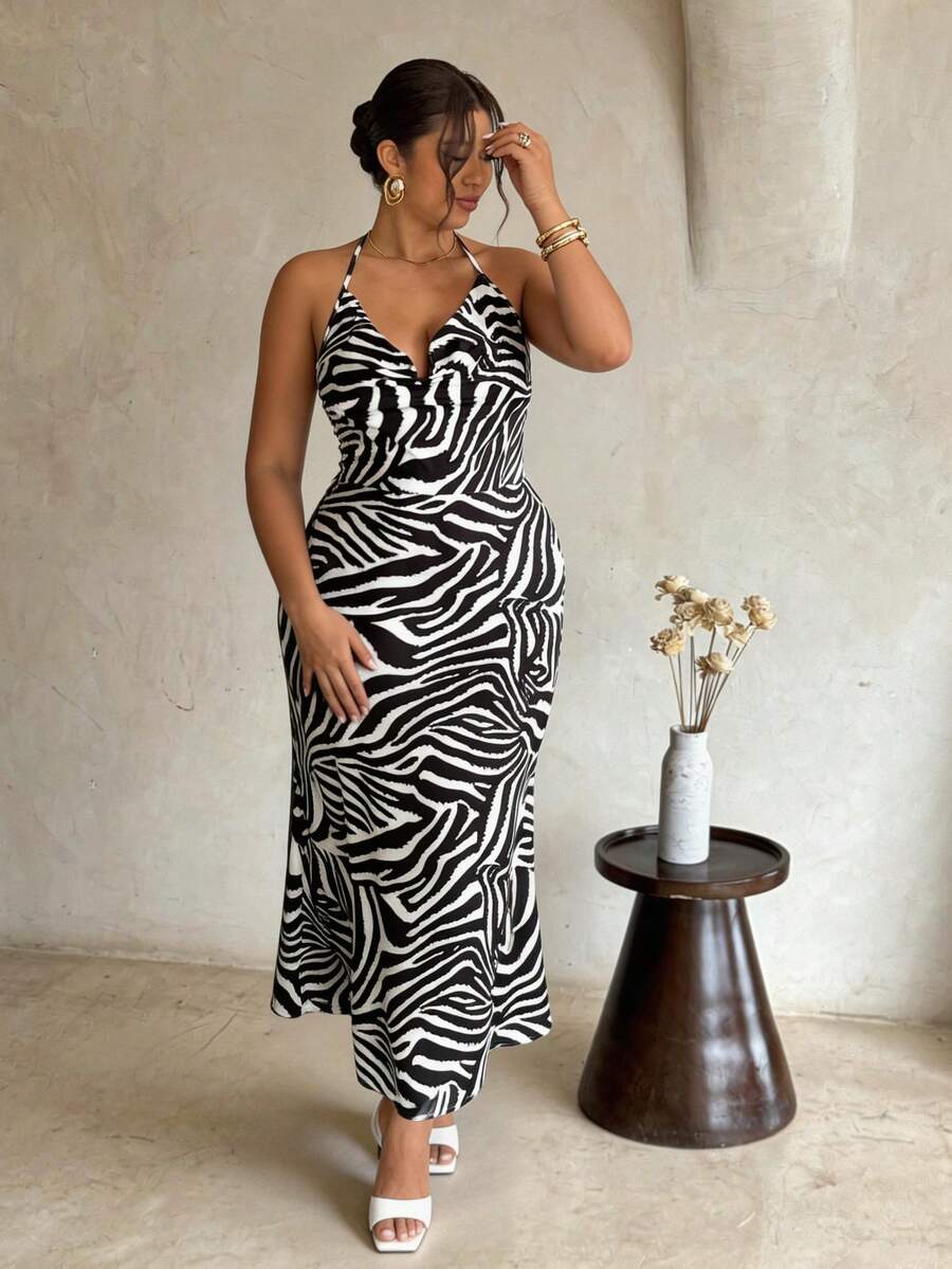Firerie Women's Elegant Fashionable Casual Zebra Texture Draped Neck Long Dress, Suitable For Daily Wear, Music Festivals And Outings Zebra Dress Animal Print Dress Bodycon Maxi Dress Long Zebra Print Dress Halter Neck Dress Spring/Summer Elegant Vacation Dresses For Women Wedding Guest Dress For Women Graduation Dress For Women Festival Outfits For Women - Black and White - View 1