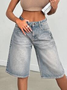SHEIN Cottnline 100%Cotton VINTAGE WASH OVERSIZE LONG SHORT - Medium Wash - View 4
