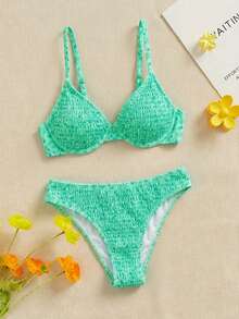Swim Mod Set Bikini Wanita Musim Panas untuk Liburan Pantai dengan Motif Bunga, Kawat Penyangga, dan Belahan Samping - MultiWarna - View 1
