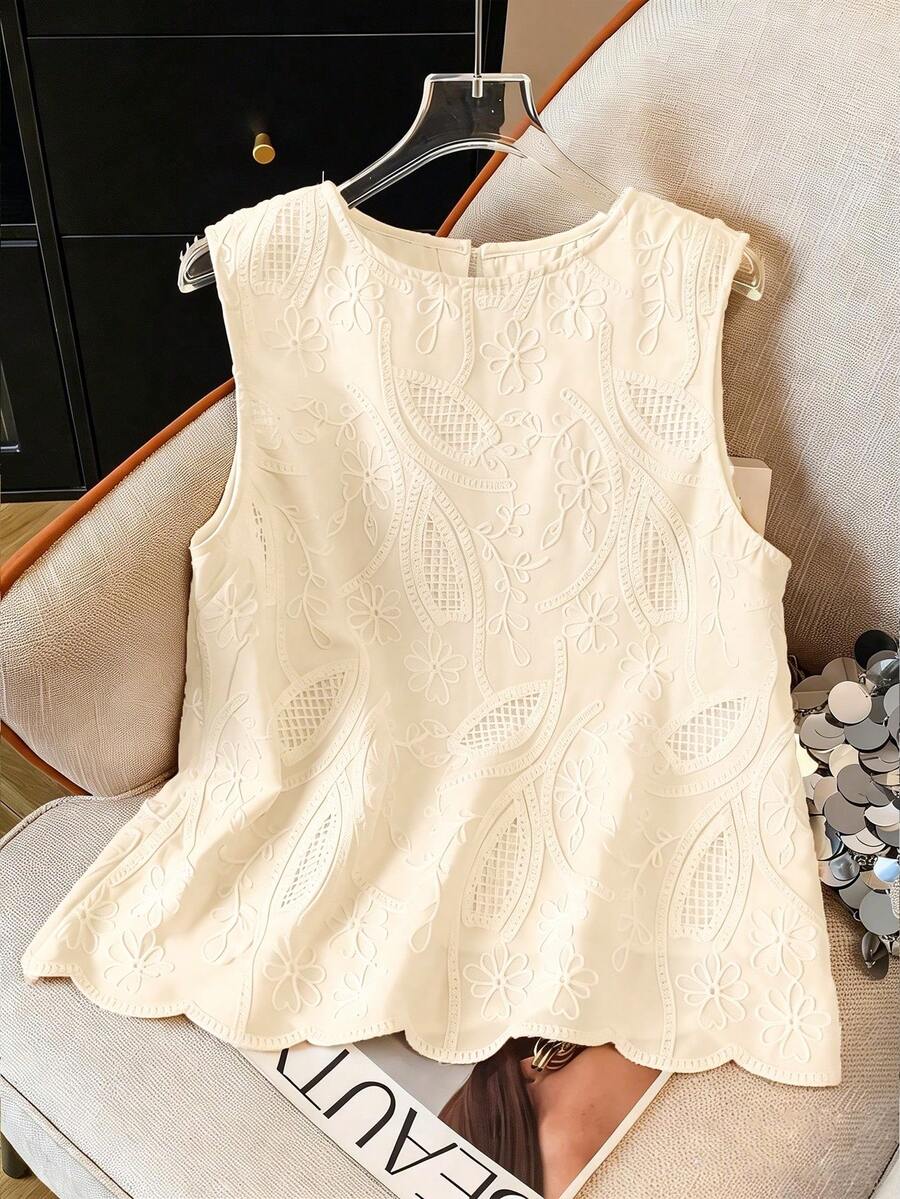 GlowEve Cream White Embroidered Shell Trim Sleeveless Blouse For Women, Vacation Office Summer Elegant - Apricot - View 1