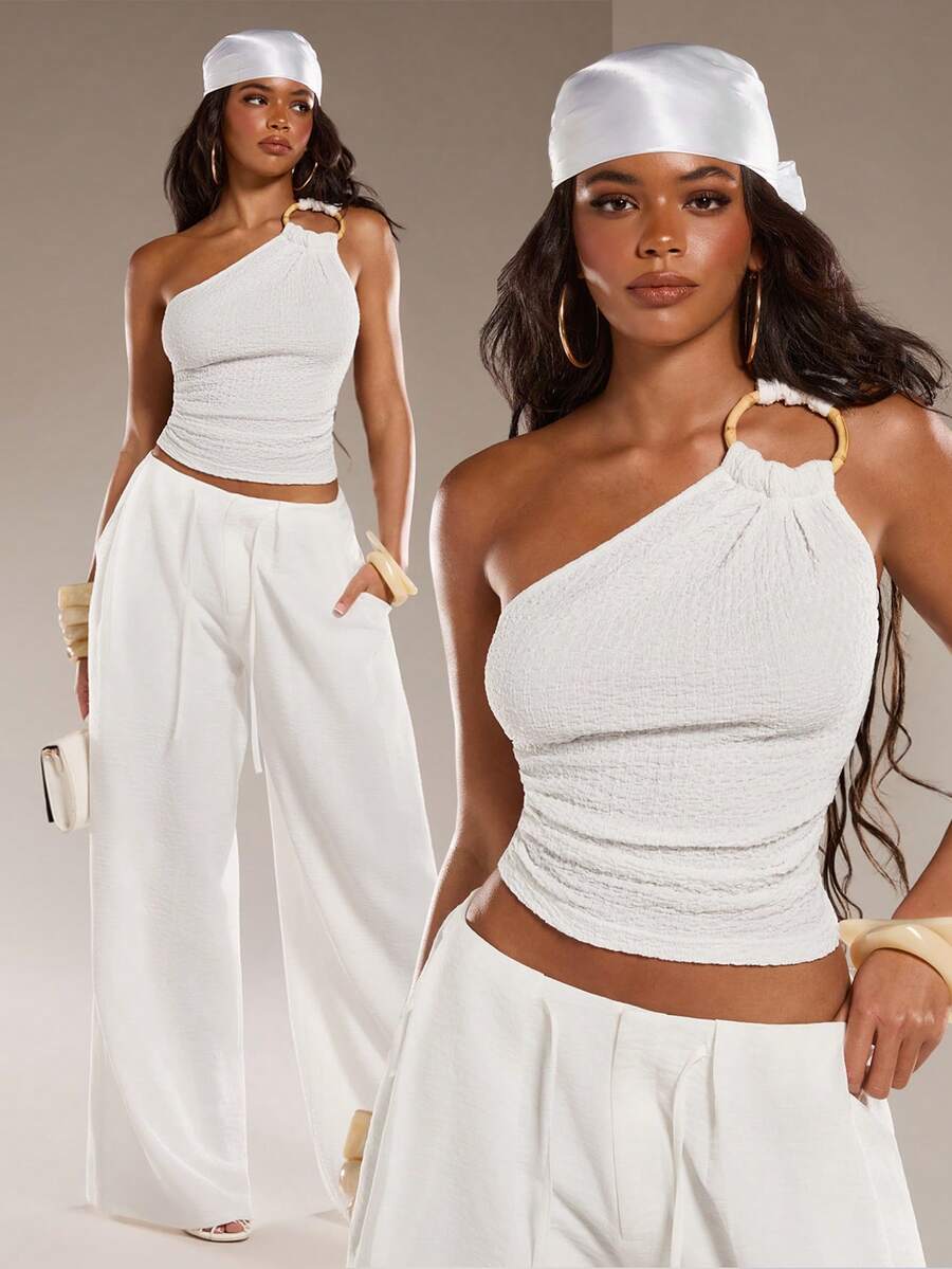 Normani 女士纯色褶皱不对称领无袖上衣 - 米色 - 查看 1