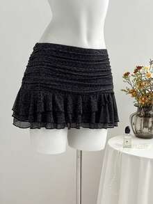 Elamini Women's Elegant Ruffled Hem Leopard Print Mini Skirt, Suitable For Casual, Party, Beach, Graduation Season - Black - View 5