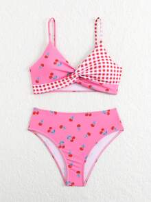 SHEIN Set de 2 piezas Tankini de traje de baño para adolescentes con estampado de cuadros y cerezas, de tela elástica y de secado rápido, cómoda, adecuada para playa, piscina, surf, vacaciones y viajes de verano - Multicolor - Ver 5