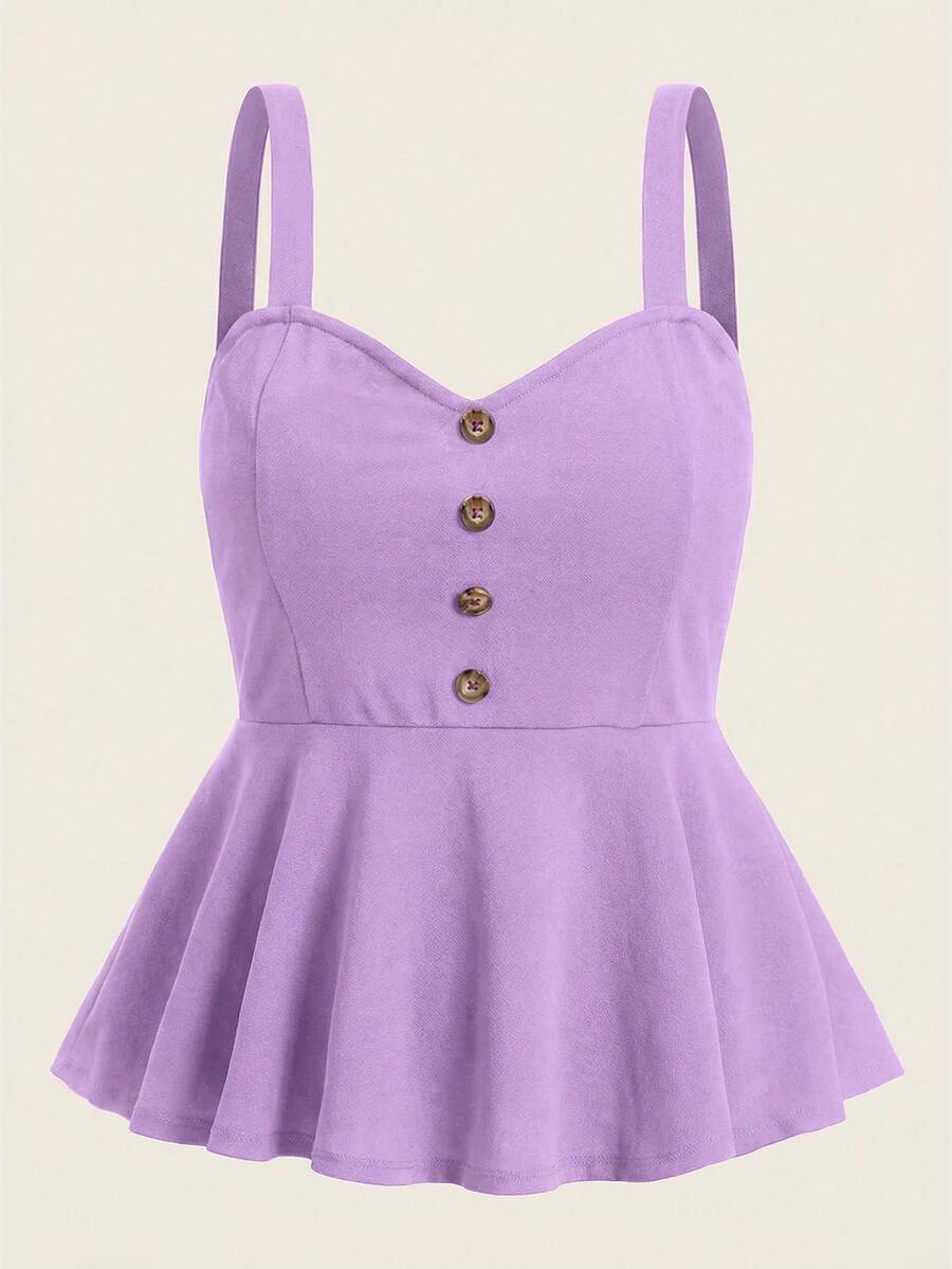 SHEIN MOD Camiseta sin mangas con botones y volantes en el bajo, para tallas grandes, de estilo casual de verano - Morado - Ver 1