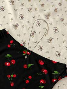 SHEIN EZwear 女士紧身不对称肩部樱桃印花褶皱露脐上衣 - 彩色 - 查看 5