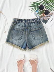 SHEIN Teenager Mädchen Y2K Frühling Sommer Leicht gewaschene Denim-Shorts mit niedriger Taille, ausgefranstem Saum und Rissen, Sommer Strand Boho Urlaubs Shorts, Konzert Festival Casual Rave, Brunch Abschluss Frühlingsfest König's Day Strand Abschluss Casual Schule - Mittele Waschung - Übersicht 5
