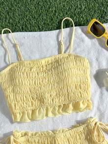 Swim Mod Bộ đồ bơi nữ bằng vải chiffon xếp ly, bikini hai mảnh kiểu dáng ngọt ngào, đồ bơi nữ đa năng thoải mái cho kỳ nghỉ biển, mùa xuân/hè. - Vàng nhạt - Xem 7