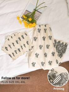 CosyJoli 大码女式印花抹胸上衣和抽绳阔腿裤两件套，休闲度假装 - 米色 - 查看 1